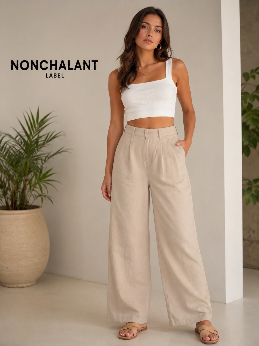 NONchalant Cream Wide-Leg High-Rise Trousers